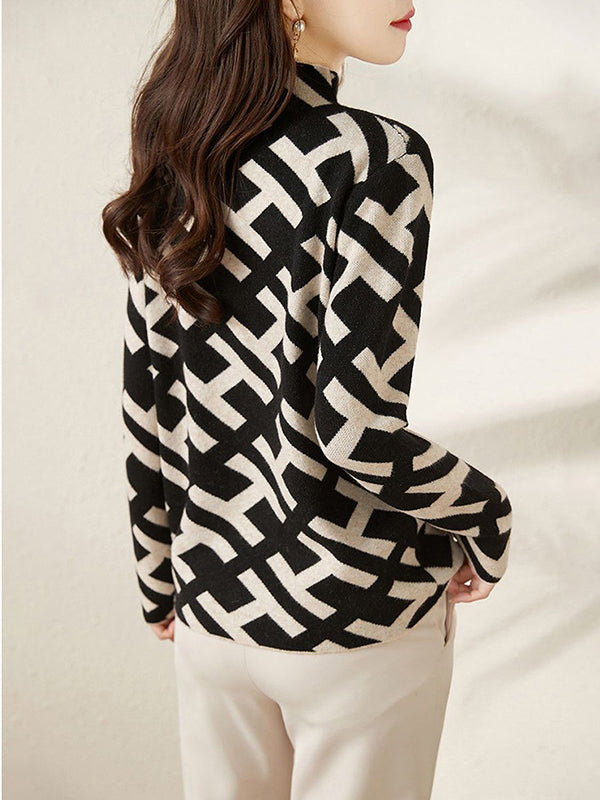 Original Skinny Long Sleeves Contrast Color Jacquard High-Neck Sweater Tops