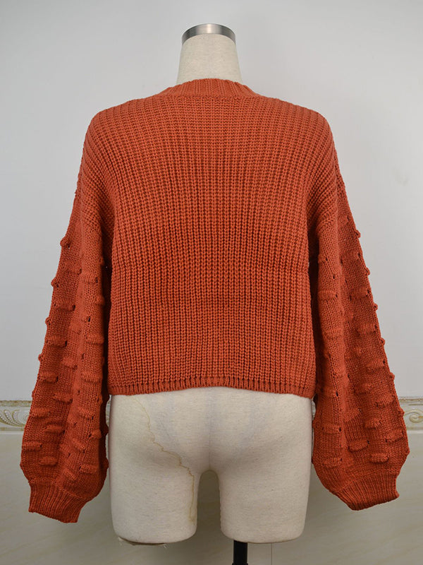 Hollow Solid Color Long Sleeves Loose Round-Neck Sweater Tops Pullovers Knitwear