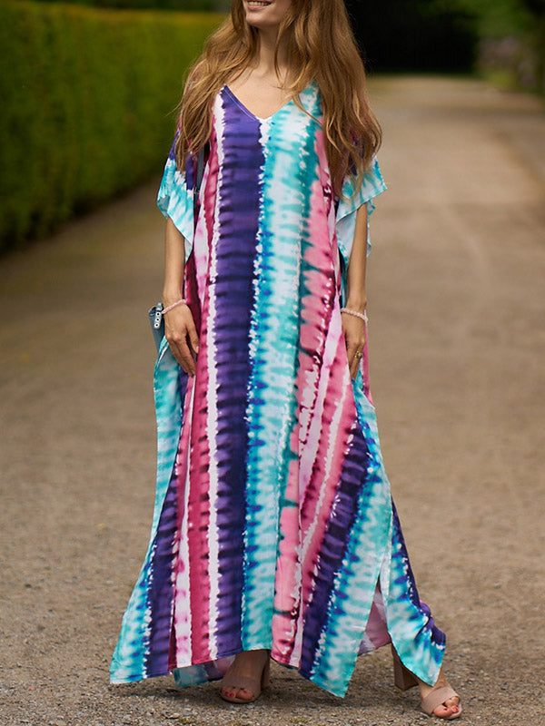 Contrast Color Printed Split-Side Batwing Sleeves Loose V-Neck Maxi Dresses Beach Cover-Up
