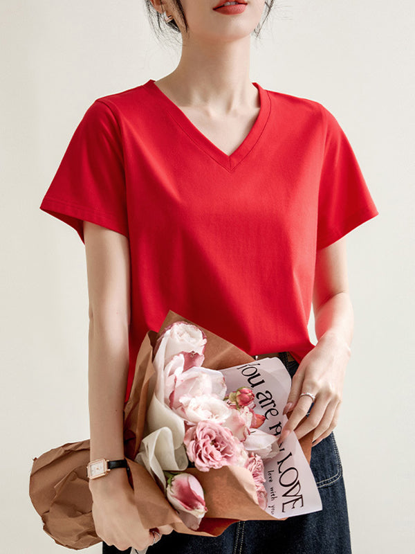Solid Color Loose Short Sleeves V-Neck T-Shirts Tops