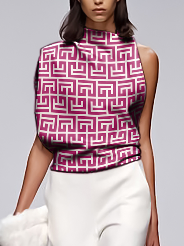 Loose Sleeveless Asymmetric Printed Stand Collar T-Shirts Tops