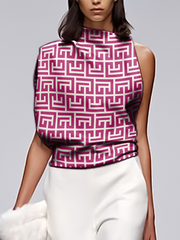 Loose Sleeveless Asymmetric Printed Stand Collar T-Shirts Tops