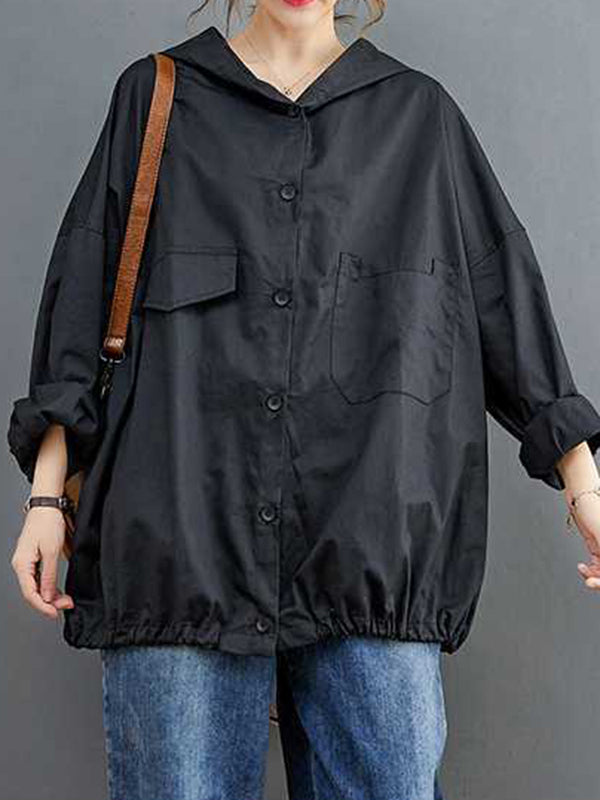 Buttoned Pleated Pockets Solid Color Long Sleeves Loose Hooded Trench Coats Outerwear