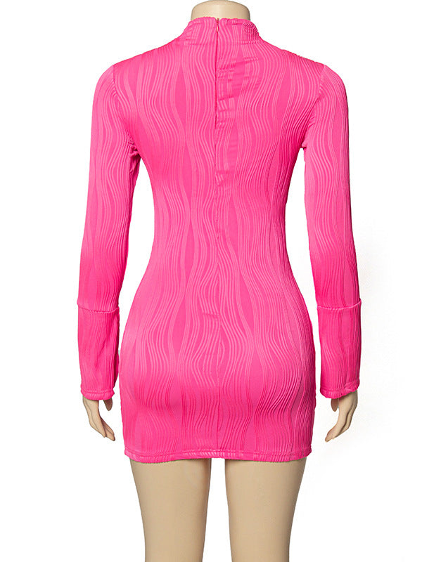 Pleated Solid Color Split-Joint Bodycon Long Sleeves Round-Neck Mini Dresses
