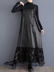 Jacquard Solid Color Split-Joint A-Line Loose Spaghetti-Neck Suspender Dress