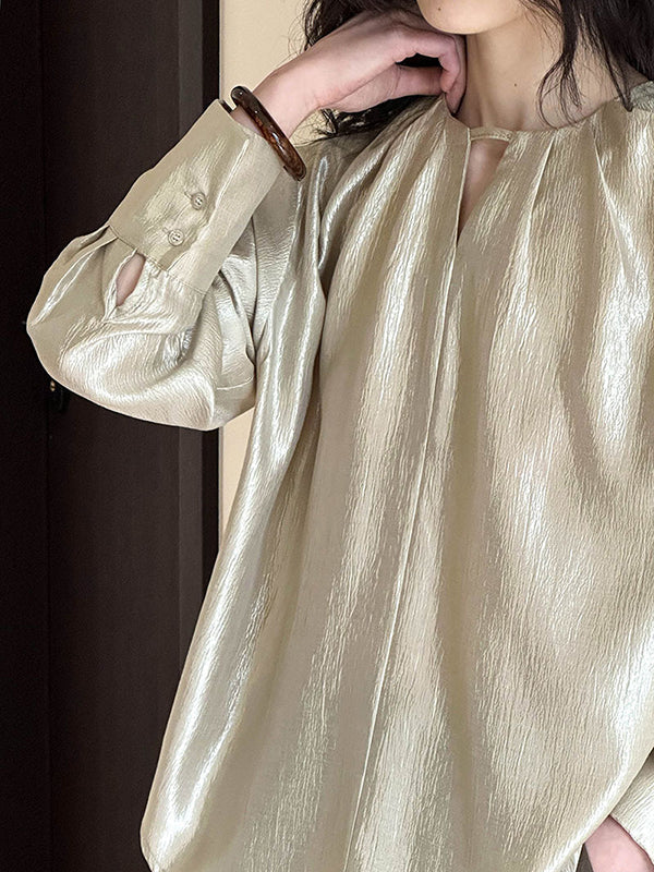 Hollow Shiny Solid Color Long Sleeves Loose Round-Neck Blouses&Shirts Tops