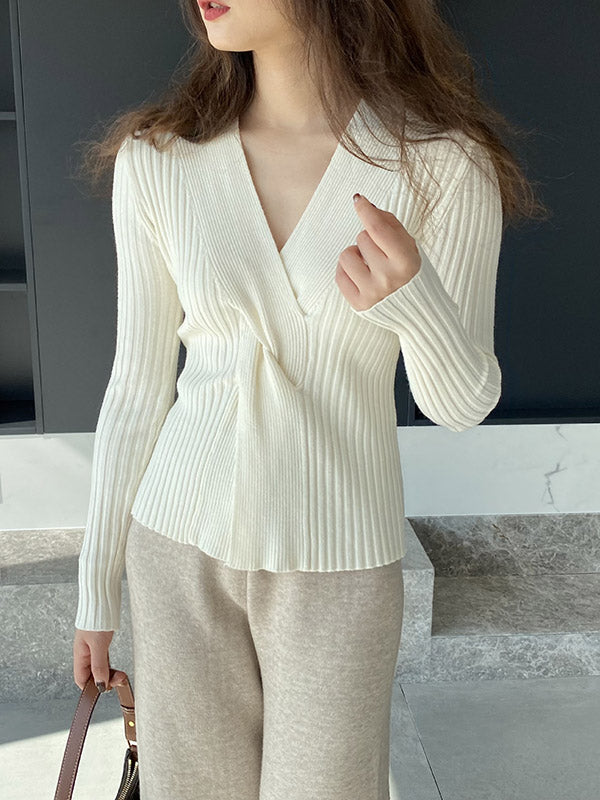 Knot Solid Color Long Sleeves Loose V-Neck Sweater Tops Pullovers