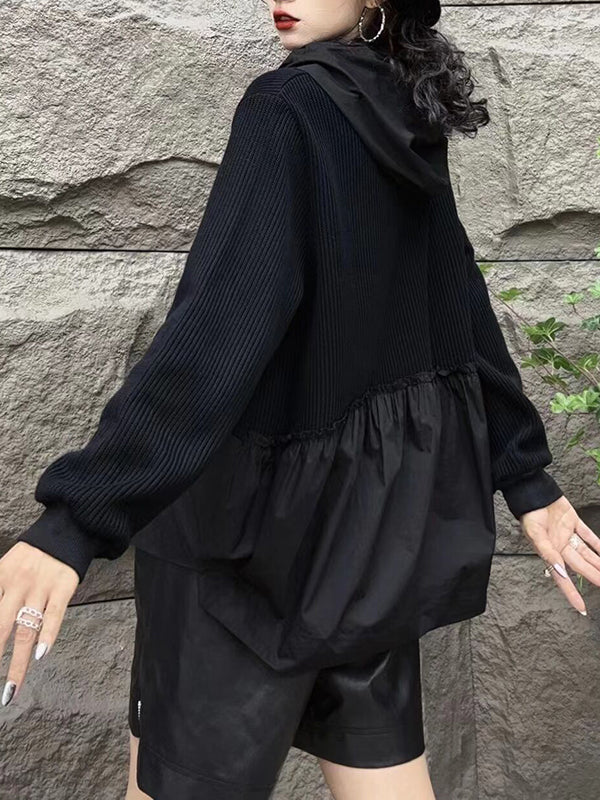 Drawstring Split-front Split-Joint Hooded Long Sleeves Hoodies Tops