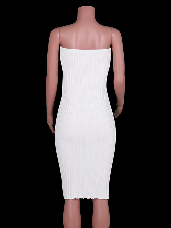 Elasticity Pleated See-Through Solid Color Bodycon Skinny Tube Skirts Midi Dresses