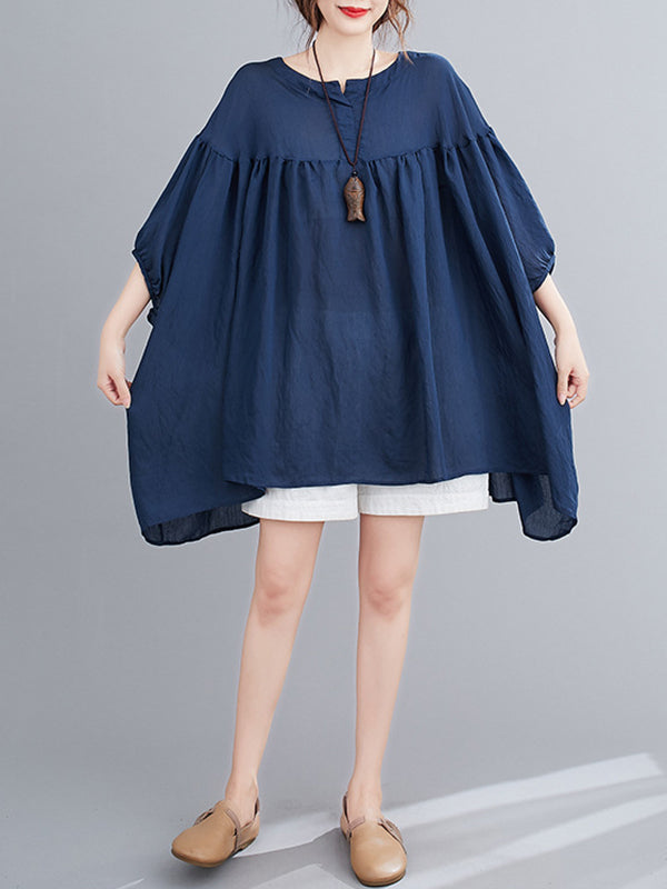Pleated See-Through Solid Color Half Sleeves Loose Round-neck Blouses&shirts Tops