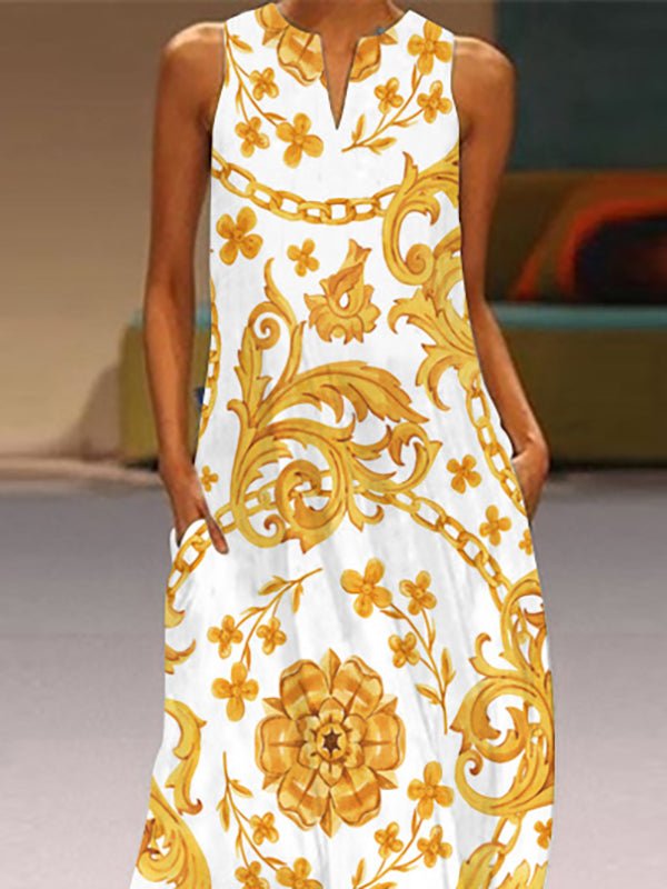 Flower Print Pockets Loose Sleeveless V-Neck Maxi Dresses