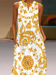 Flower Print Pockets Loose Sleeveless V-Neck Maxi Dresses
