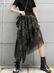 Asymmetric Camouflage Elasticity Fringed Mesh Split-Joint A-Line Loose Skirts Bottoms