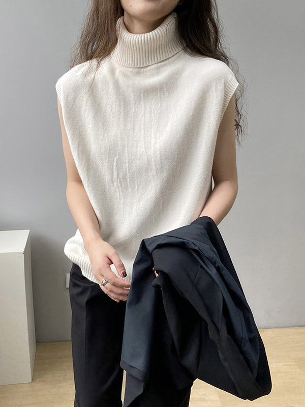 Simple Loose Solid Color High-Neck Knitting Vest Top