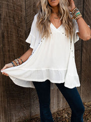 Buttoned Split-Joint Batwing Sleeves High-Low V-Neck T-Shirts Tops