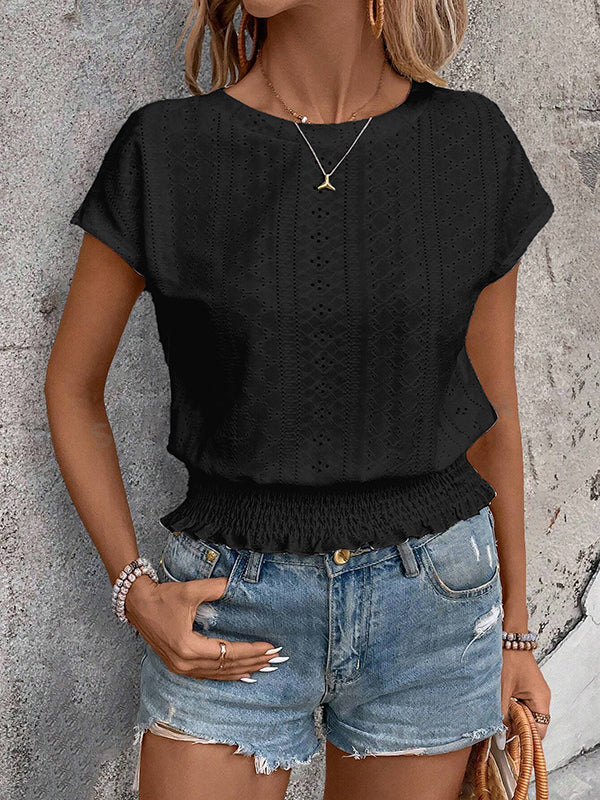 Elasticity Hollow Jacquard Solid Color Loose Raglan Sleeve Round-Neck T-Shirts Tops