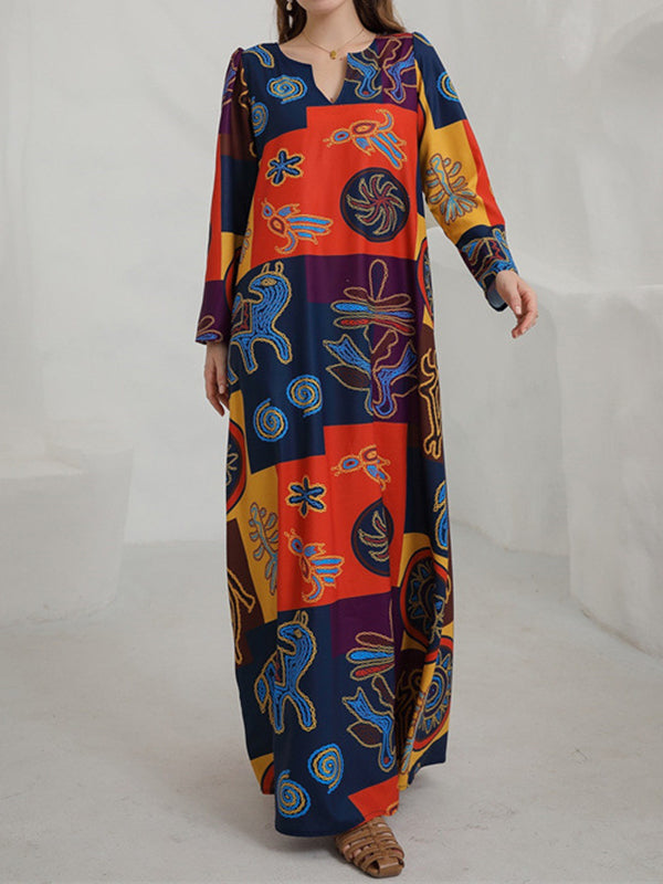 Color-Block Printed Long Sleeves Loose V-Neck Maxi Dresses