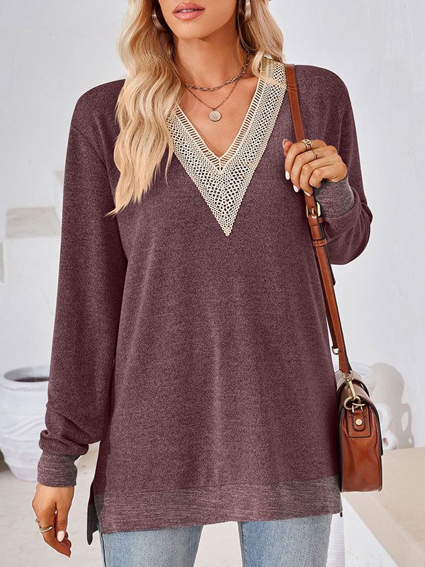 Hollow Split-Joint Split-Side Long Sleeves Loose V-Neck T-Shirts Tops