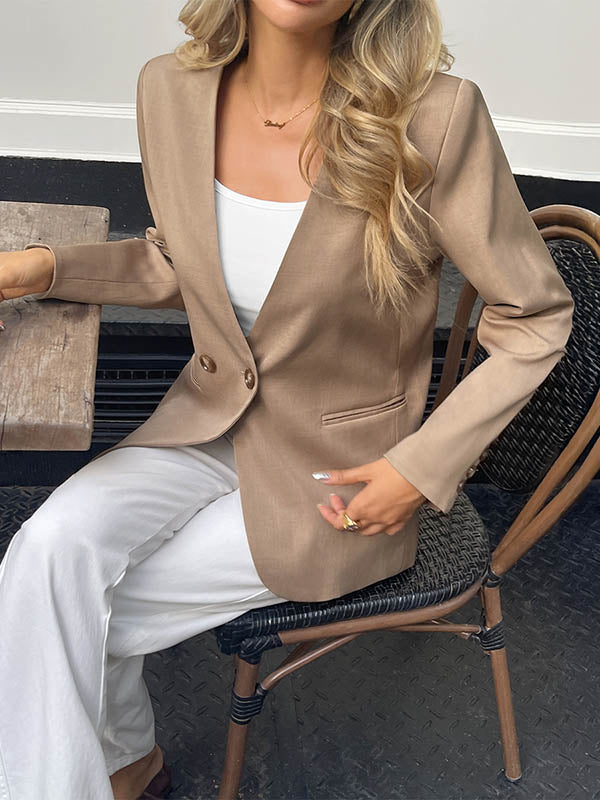 Buttoned Solid Color Split-Joint Long Sleeves Loose Collarless Outerwear Blazer