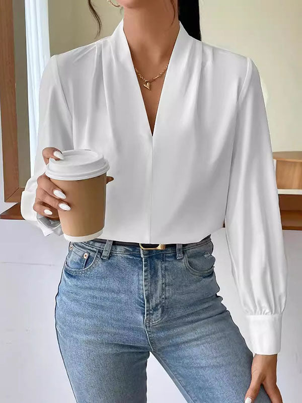 Pleated Solid Color Split-Joint Long Sleeves Loose V-Neck Blouses&Shirts Tops