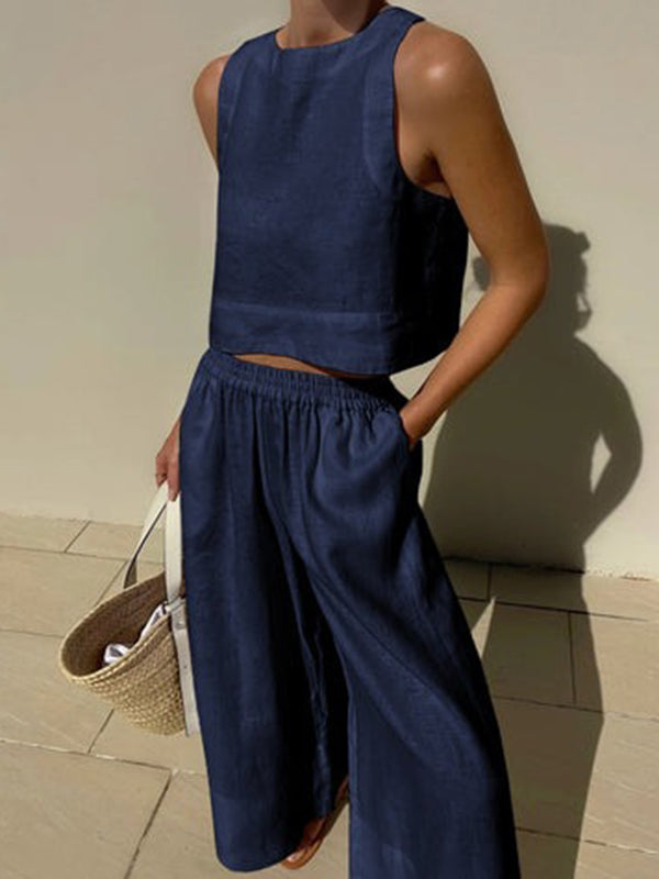 Solid Color Loose Round-Neck Sleeveless Vest + Elasticity Wide Leg Pants Two Pieces Set