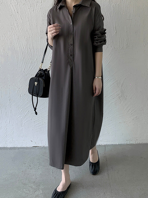Urban Loose Solid Color Lapel Collar Shirt Midi Dresses