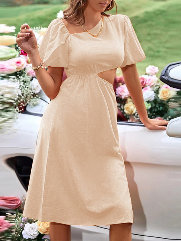 Elasticity Hollow Solid Color A-Line Loose Asymmetric Collar Midi Dresses