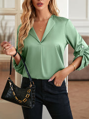 Elasticity Solid Color Long Sleeves Loose V-neck Blouses&shirts Tops