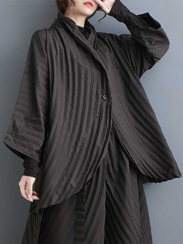 Stand Collar Long Sleeves Loose Buttoned Pleated Solid Color Shirts Top + Pants Bottom Two Pieces Set