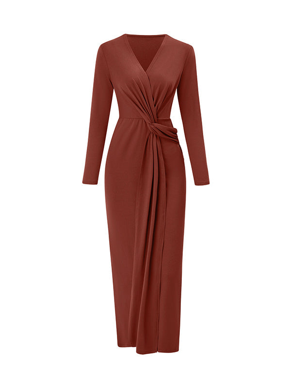 Bowknot Solid Color Bodycon Long Sleeves V-neck Maxi Dresses