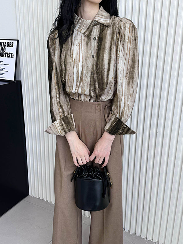 Asymmetric Gradient Pleated Printed Loose Puff Sleeves Lapel Blouses