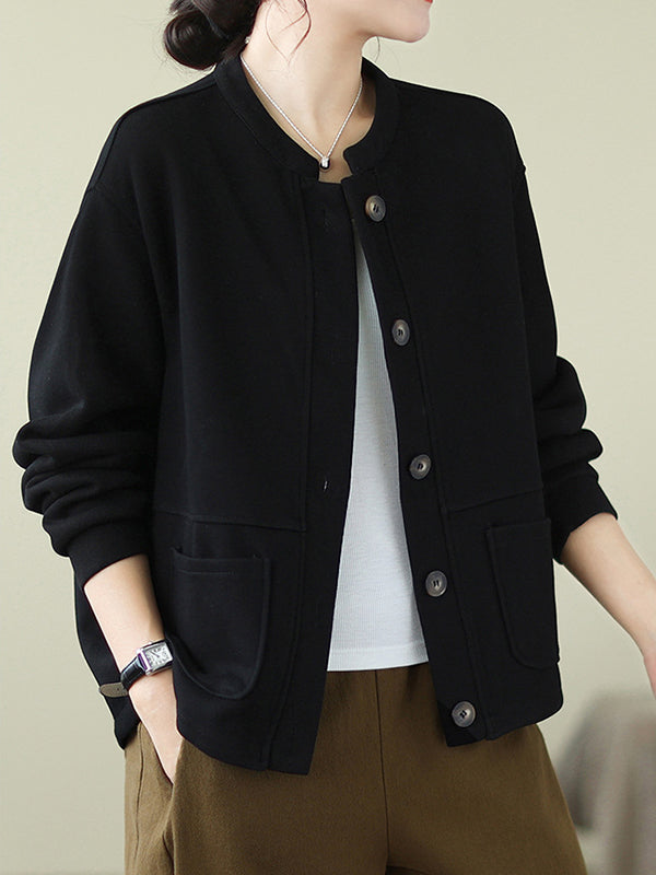 Buttoned Keep Warm Pockets Velvet Long Sleeves Loose Round-neck Outerwear