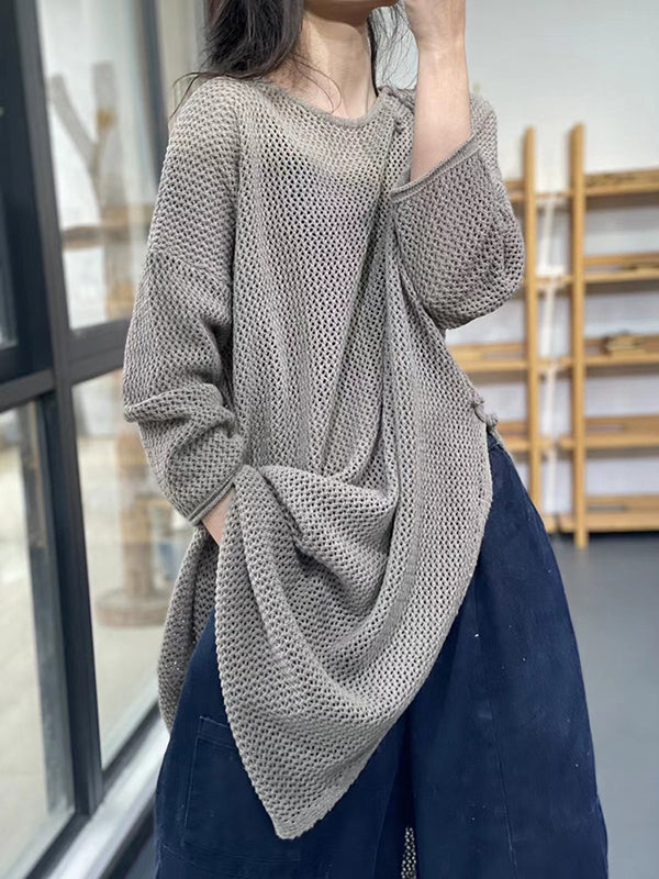 Asymmetric Hollow Split-side Long Sleeves Loose Round-neck Sweater Tops