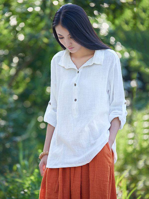 White&Gray&Beige Lapel Ramie Cotton T-shirt