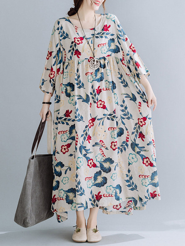Casual Floral Printed Split-Joint Round-Neck Flared Batwing Sleeves Loose Maxi Dress