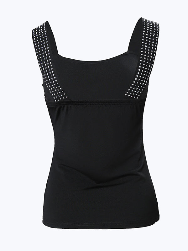 Elasticity Rhinestone Split-Joint Skinny Sleeveless Spaghetti-Neck Vest Top