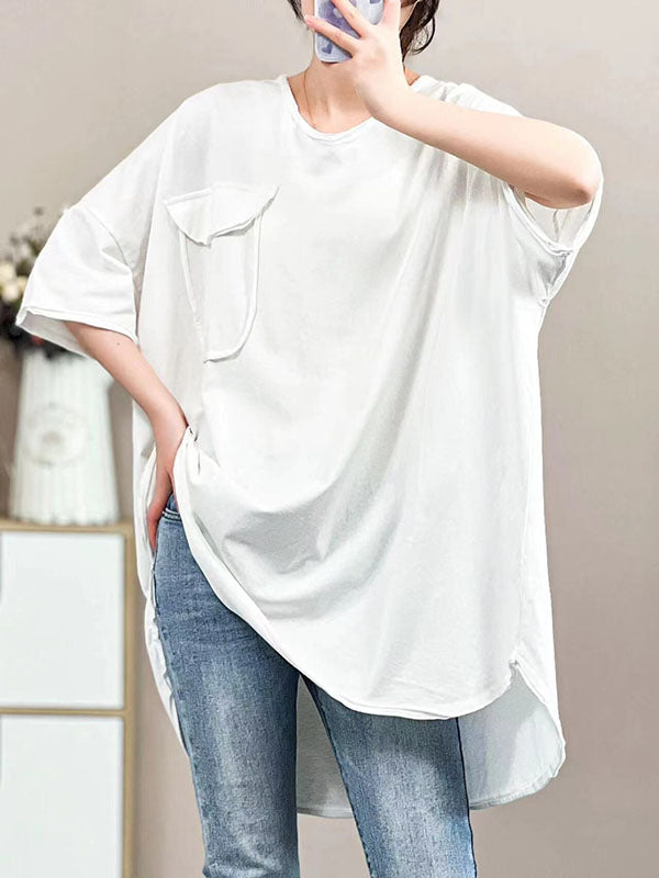 Pockets Solid Color Half Sleeves Irregular Clipping V-Neck T-Shirts Tops