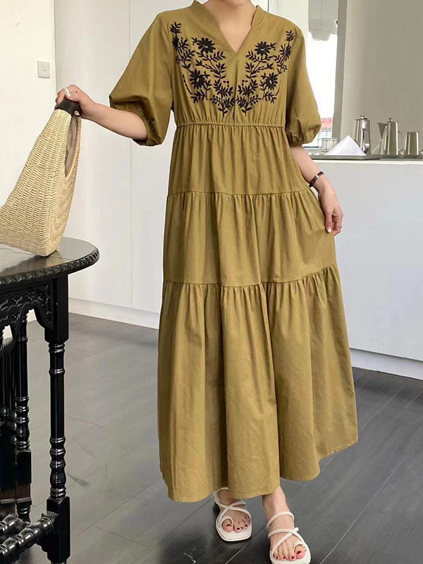 Embroidered Pleated Bishop Sleeve Loose V-neck Midi Dresses