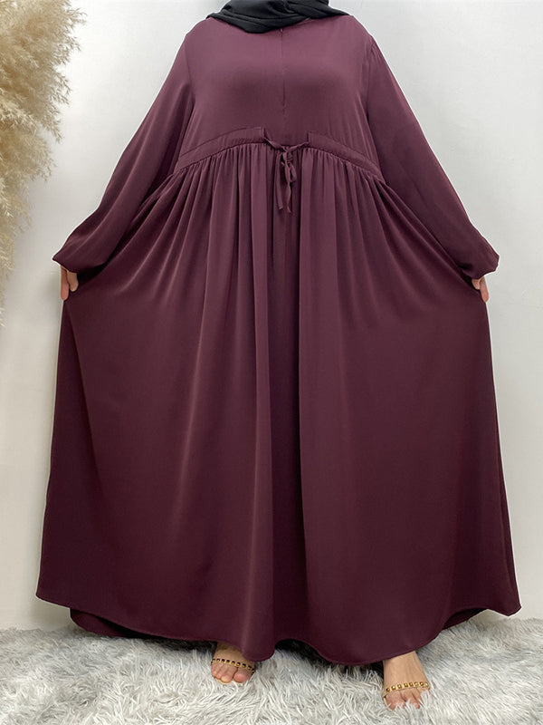 Drawstring Elasticity Muslim Pleated Solid Color Zipper Long Sleeves Loose Round-Neck Maxi Dresses