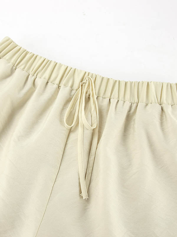 V-Neck Long Sleeves Loose Ruffle Trim Solid Color Tied Blouses&Shirts Tops + Elasticity Shorts Bottom Two Pieces Set