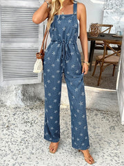 Buttoned Drawstring Pockets Printed Sleeveless Spaghetti-Neck Jumpsuits