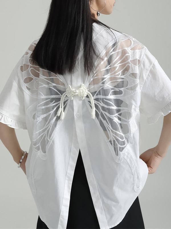 Buttoned Mesh Reversible See-Through Split-back Split-Joint Half Sleeves Loose Lapel Blouses&shirts Tops