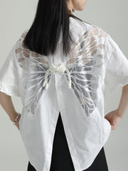Buttoned Mesh Reversible See-Through Split-back Split-Joint Half Sleeves Loose Lapel Blouses&shirts Tops