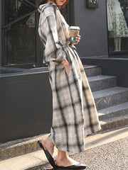 Plaid Split-Joint Tied Waist Long Sleeves Loose Lapel Shirt Dress Maxi Dresses