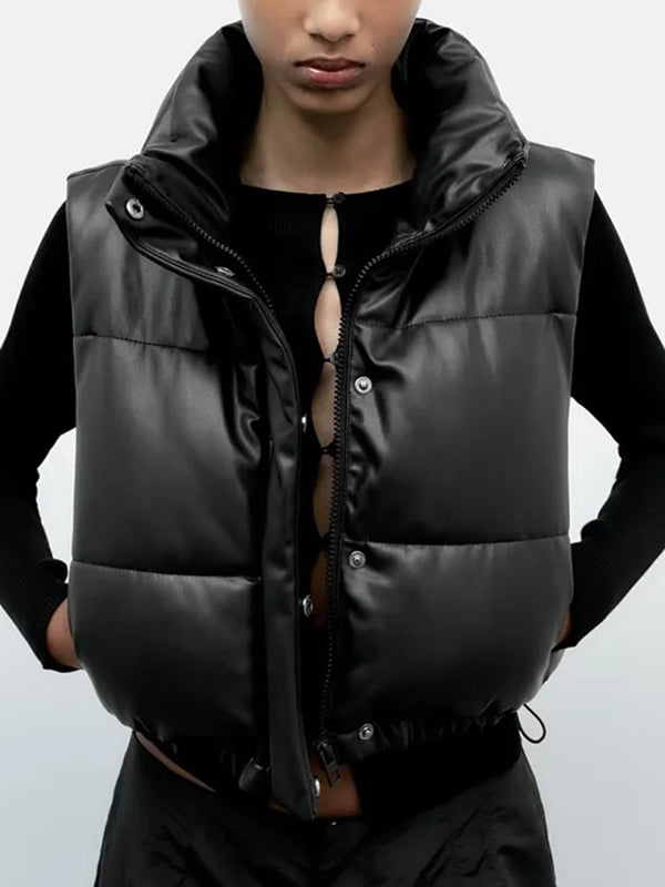 Drawstring Elasticity Solid Color Split-Joint Zipper Skinny Sleeveless Stand Collar Padded Vest