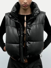 Drawstring Elasticity Solid Color Split-Joint Zipper Skinny Sleeveless Stand Collar Padded Vest