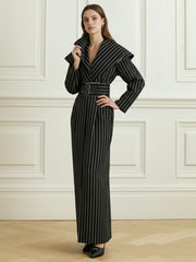 Belted Contrast Color Split-Front Split-Joint Striped Bodycon Elasticated Waist Deep V-Neck Maxi Dresses Blazer