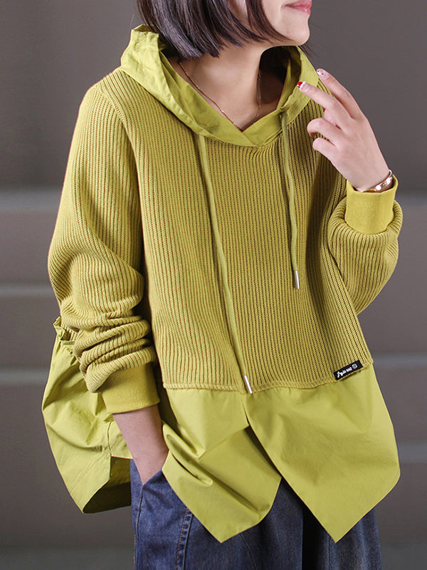 Drawstring Split-front Split-Joint Hooded Long Sleeves Hoodies Tops