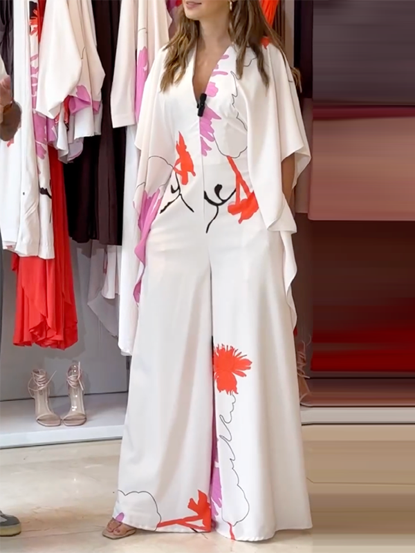Printed Loose Wide Leg V-neck Jumpsuits