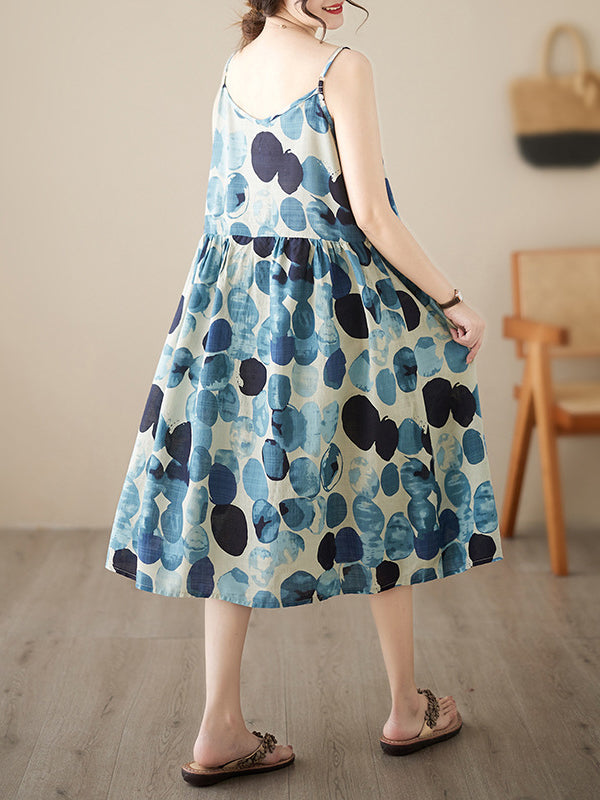 Pleated Printed Split-Joint Loose Sleeveless Spaghetti-Neck Midi Dresses